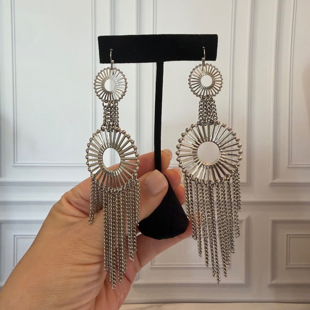 Vintage Statement Silver Tone Sunburst Fringe Chain Dangle Earrings Large 5.5"